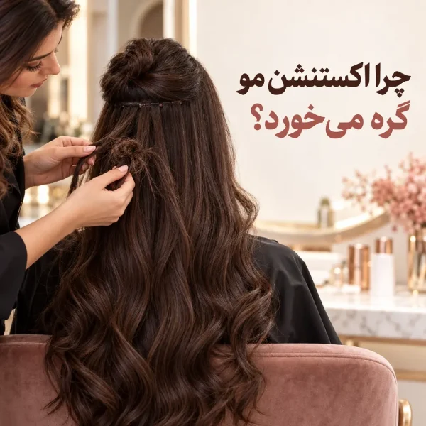 گره خوردن اکستنشن مو؛ تصویر شاخص با عنوان فارسی و تایپوگرافی جذاب